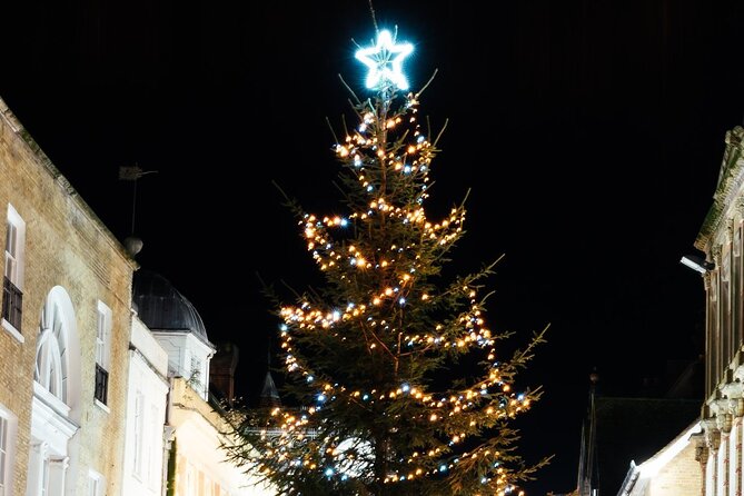 Christmas Mulled Wine Walk of Winchester - A Victorian building in Christmas lights
