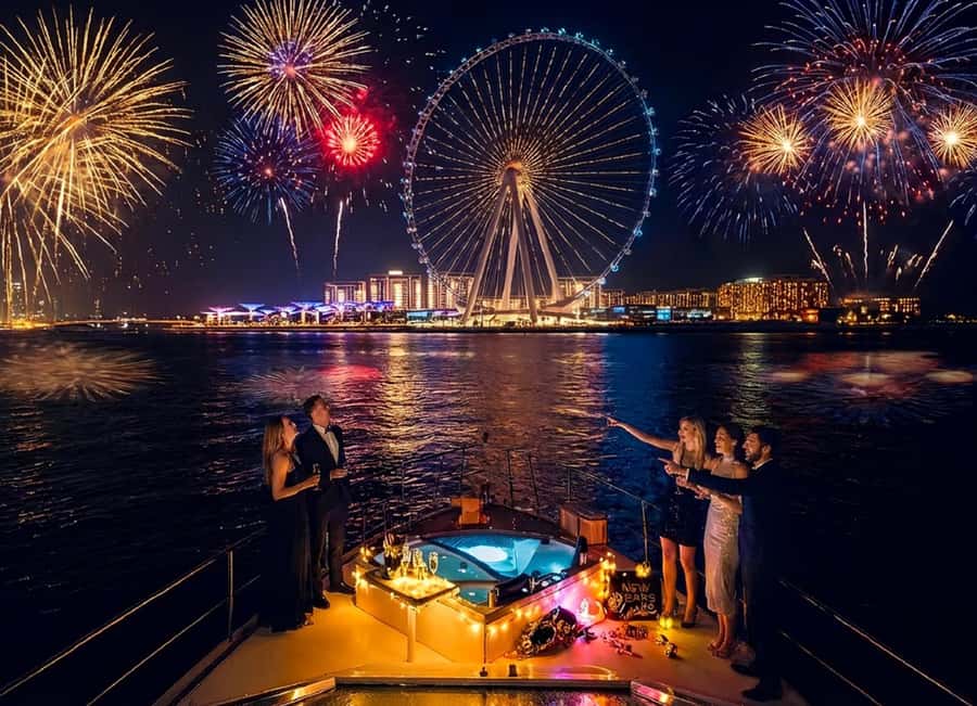 Dubai: New Year Eve Luxury Yacht Fireworks View & BBQ Cruise - Fireworks from a moving front-row seat