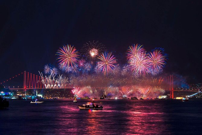 New Year's Eve dinner cruise & party on Bosphorus, Istanbul 2026 - Fireworks from a crowded waterway