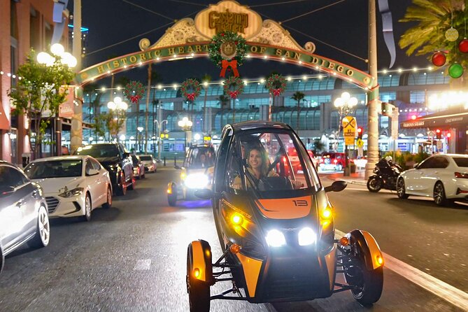 San Diego Holiday Lights Talking GoCar Tour - Gaslamp Quarter lights and downtown streets